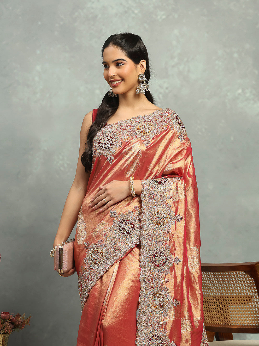 Zari Jaal &amp; Sequin Embroidered Tissue Saree