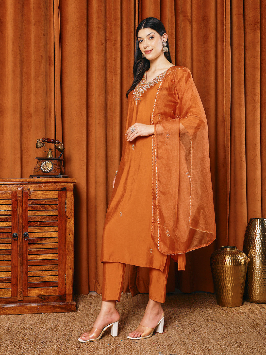 Embroidered Cotton Blend Kurta With Pants & Dupatta