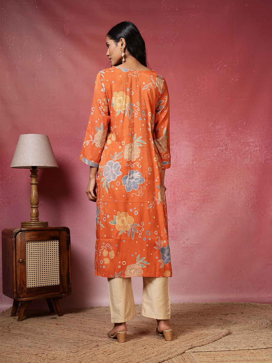 Neck Embroidered Cotton Blend Kurta With Pants