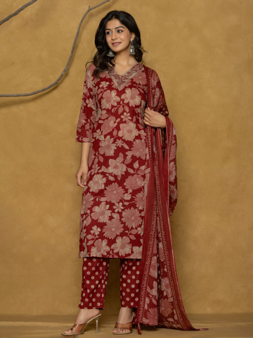 Printed Cotton Blend Kurta With Pants & Dupatta