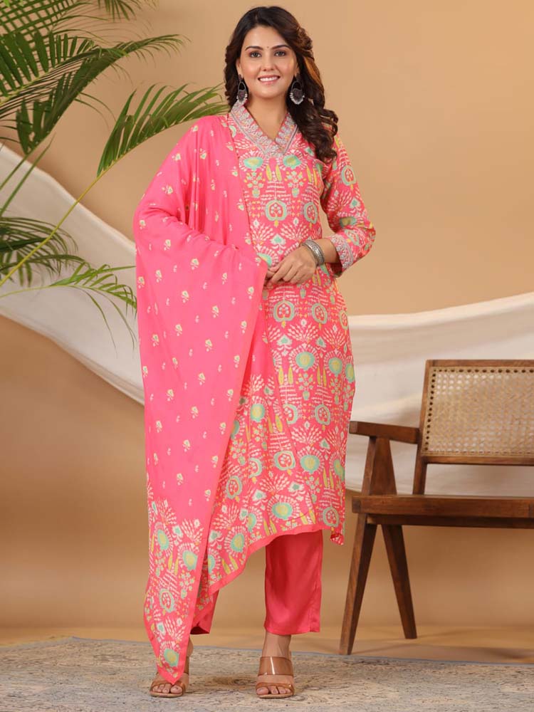 Floral Printed Muslin Kurta With Pants & Dupatta - Meena Bazaar