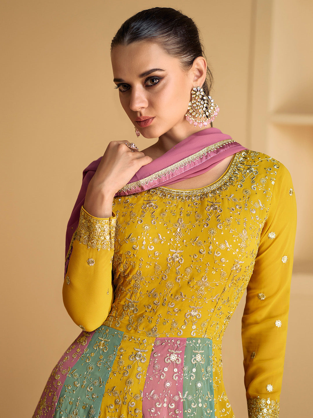 Zari Embroidered Georgette Kurta With Churidar &amp; Dupatta