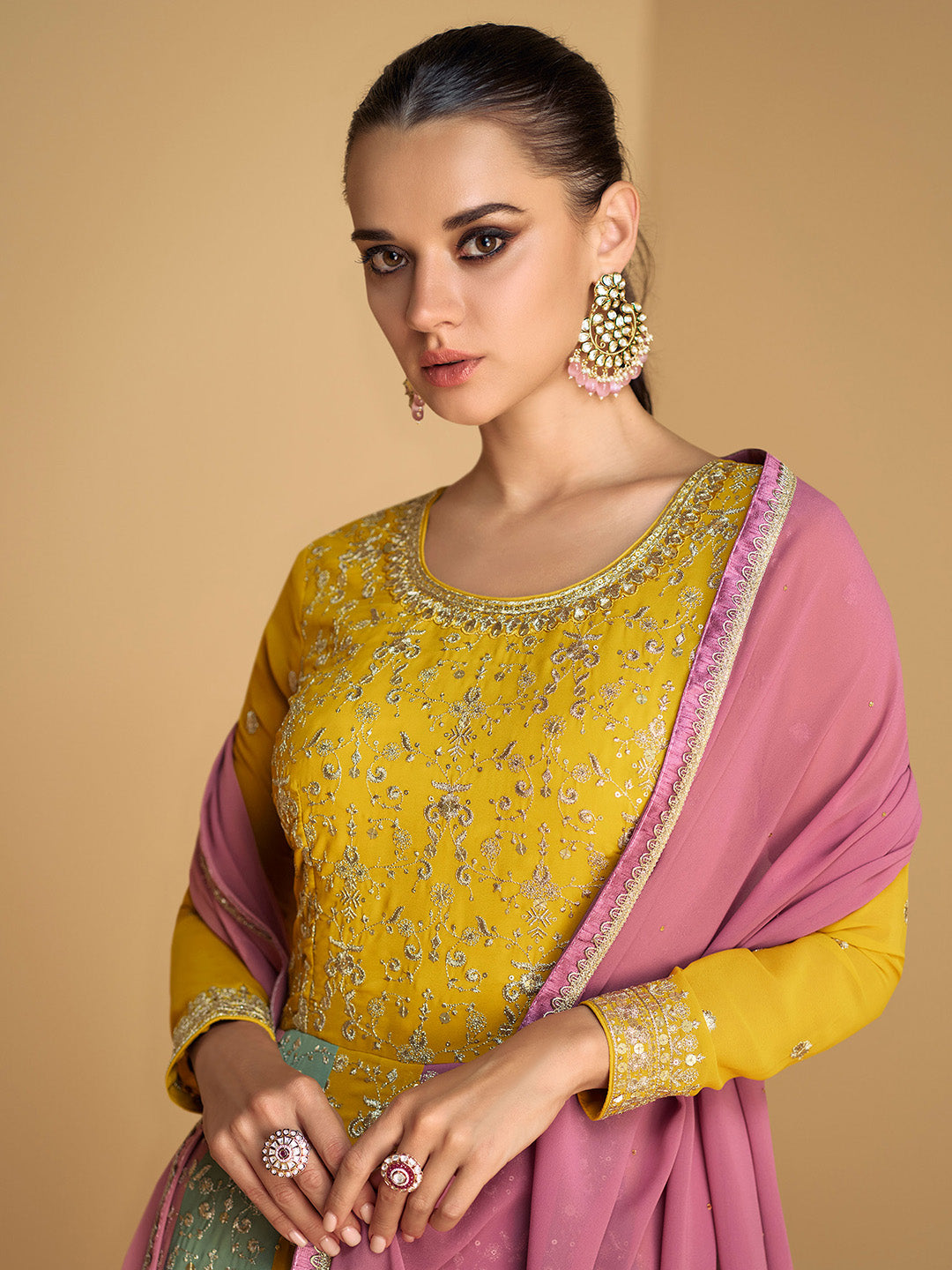 Zari Embroidered Georgette Kurta With Churidar &amp; Dupatta