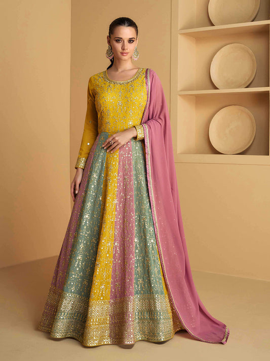 Zari Embroidered Georgette Kurta With Churidar & Dupatta