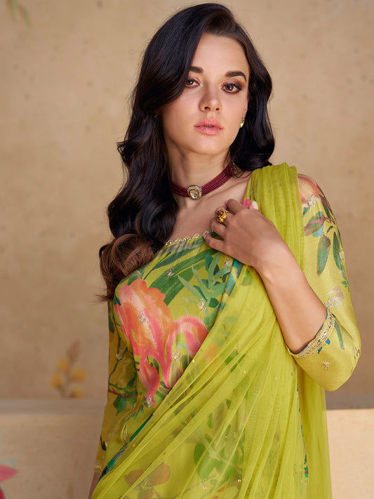 Embroidery Chinnon Kurta With Palazzo And Dupatta