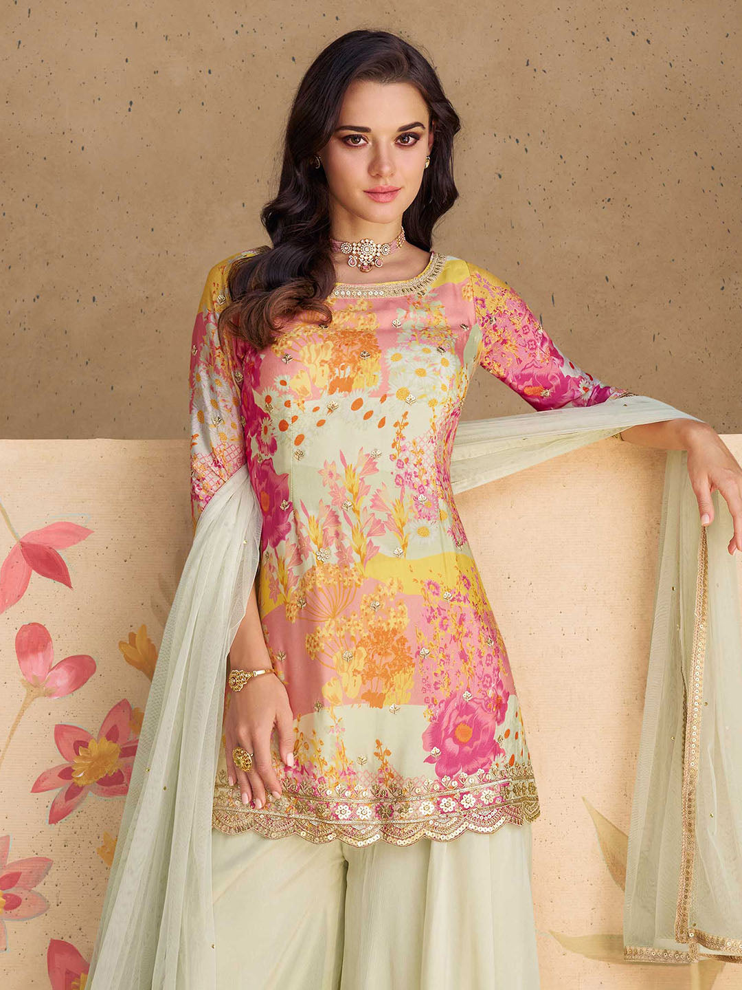 Embroidered Chinon Kurti With Plazzo &amp; Dupatta