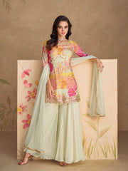 Embroidered Chinon Kurti With Plazzo & Dupatta