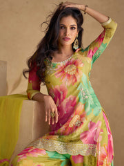 Embroidery Chinnon Kurta With Palazzo And Dupatta