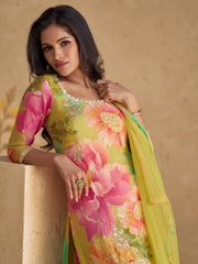 Embroidery Chinnon Kurta With Palazzo And Dupatta