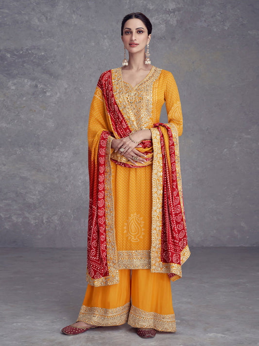 Embroidery Chinnon Kurta With Palazzo And Dupatta