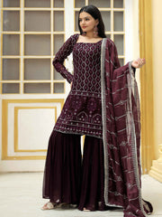 Embroidered Georgette Kurta With Sharara And Dupatta