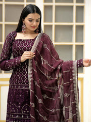 Embroidered Georgette Kurta With Sharara And Dupatta