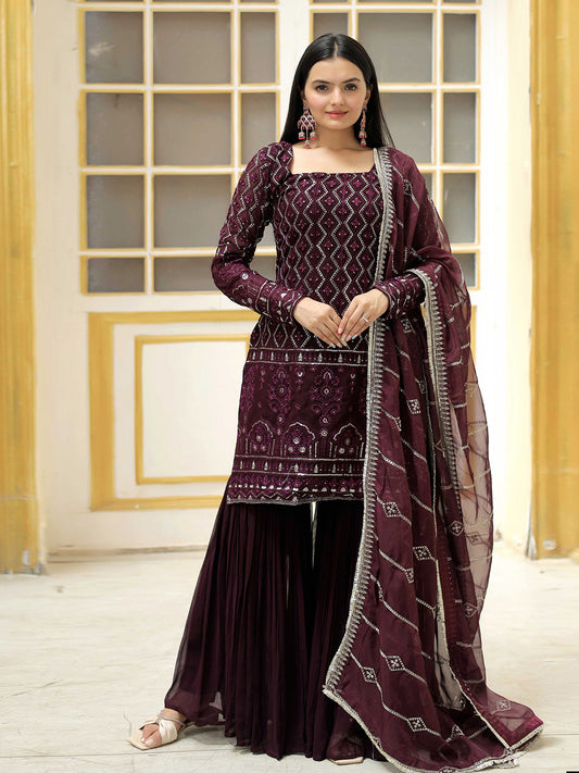 Embroidered Georgette Kurta With Sharara And Dupatta