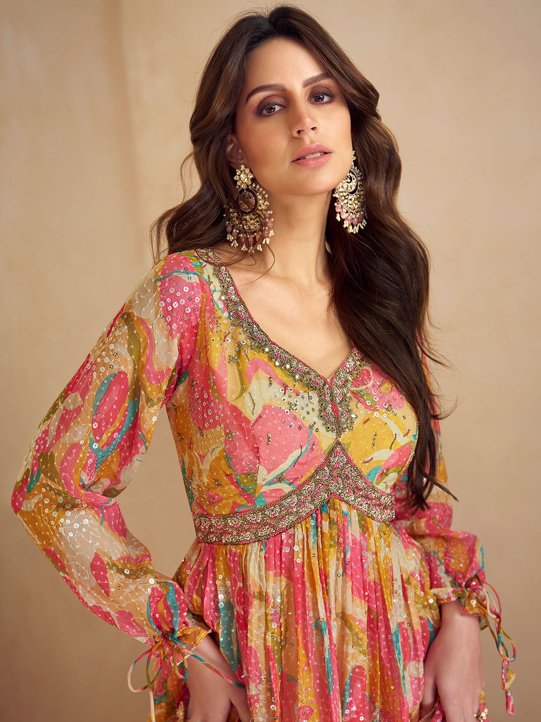 Printed &amp; Embroidered Chinon Gown With Dupatta