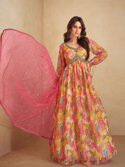 Printed & Embroidered Chinon Gown With Dupatta