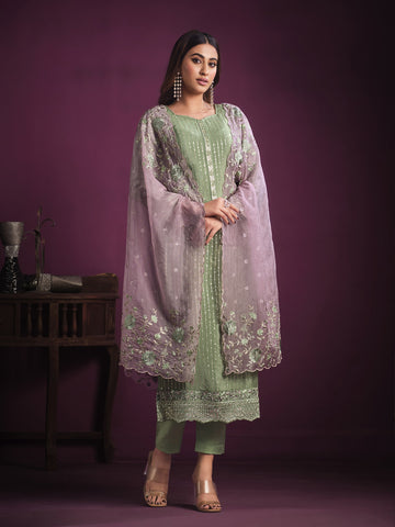 Embroidered Chinnon Unstitched Suit Piece With Dupatta