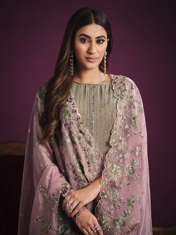 Embroidered Chinnon Unstitched Suit Piece With Dupatta