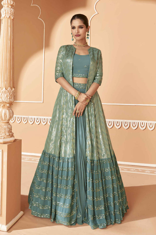 Sequins Work Jacket Style Round Neck Georgette And Lehenga Jacket/Georgette