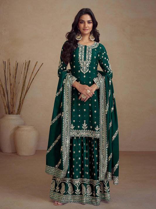 Sequins Embroidery Chinnon Kurta With Palazzo And Dupatta