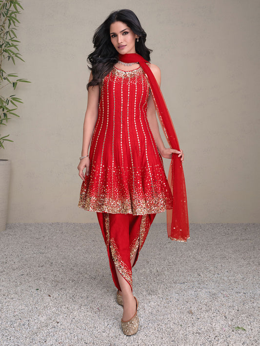 Embroidered Art Silk Kurta With Dhoti And Dupatta