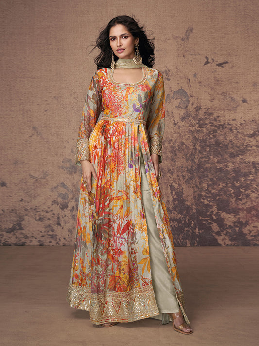 Embroidered Sequin Georgette Kurta With Pant And Dupatta