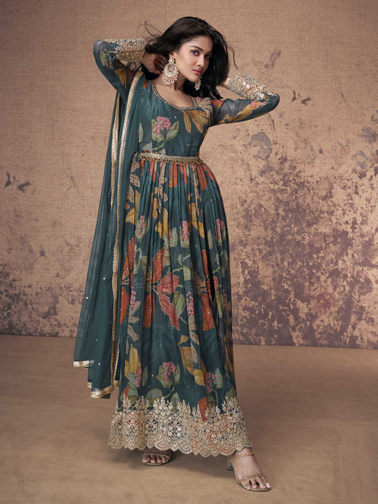 Embroidered Sequin Georgette Kurta With Pant And Dupatta