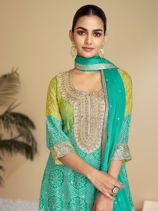 Sequins Embroidery Chinnon Kurta With Palazzo And Dupatta