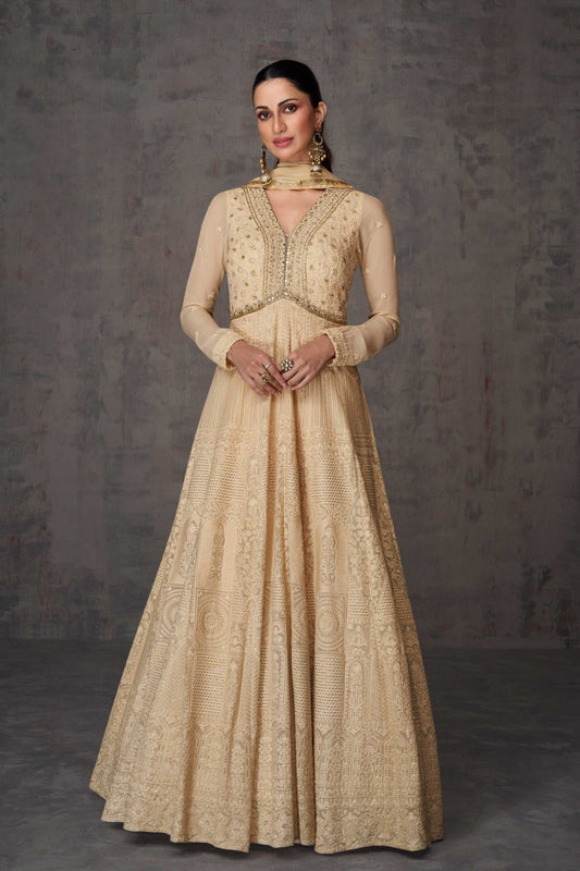 Embroidered & Sequin V Neck Full Sleeves Georgette Gown