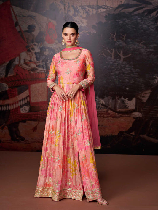 Embroidered Sequin Georgette Kurta With Pant And Dupatta