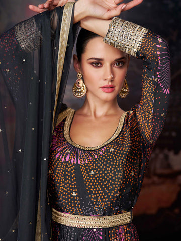 Embroidered Sequin Georgette Kurta With Pant And Dupatta