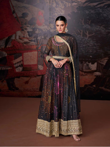 Embroidered Sequin Georgette Kurta With Pant And Dupatta