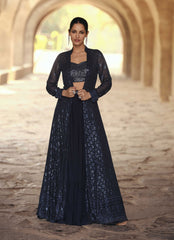 Sequins Work Jacket Style Round Neck Georgette And Lehenga