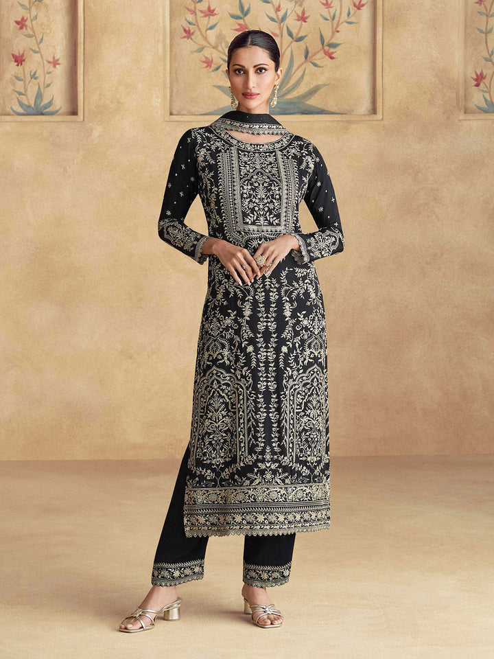 Embroidered Chinon Silk Kurta With Pant &amp; Dupatta