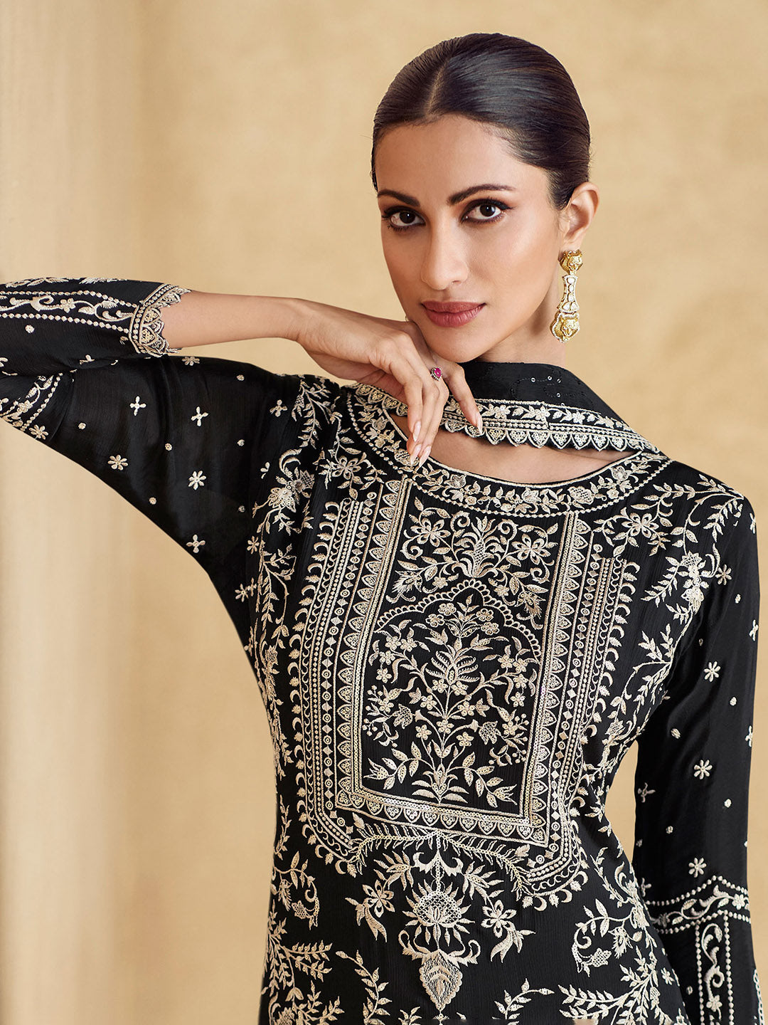 Embroidered Chinon Silk Kurta With Pant &amp; Dupatta