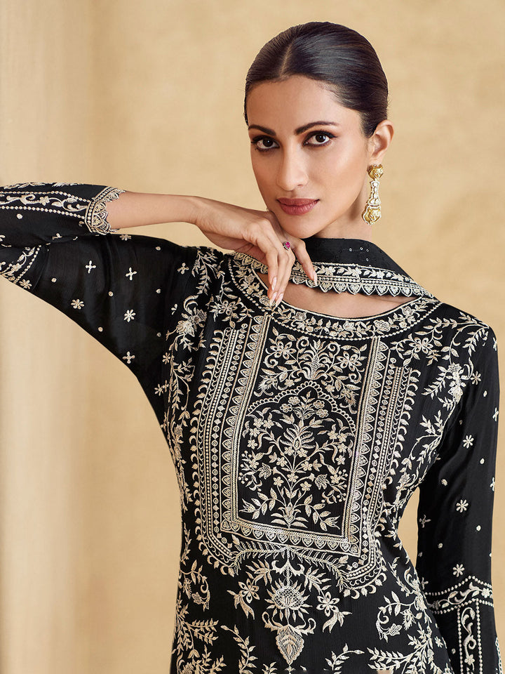 Embroidered Chinon Silk Kurta With Pant &amp; Dupatta