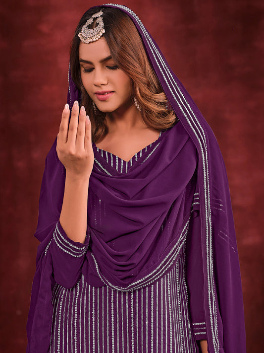 Embroidered Zarkan Georgette Kurta With Sharara And Dupatta