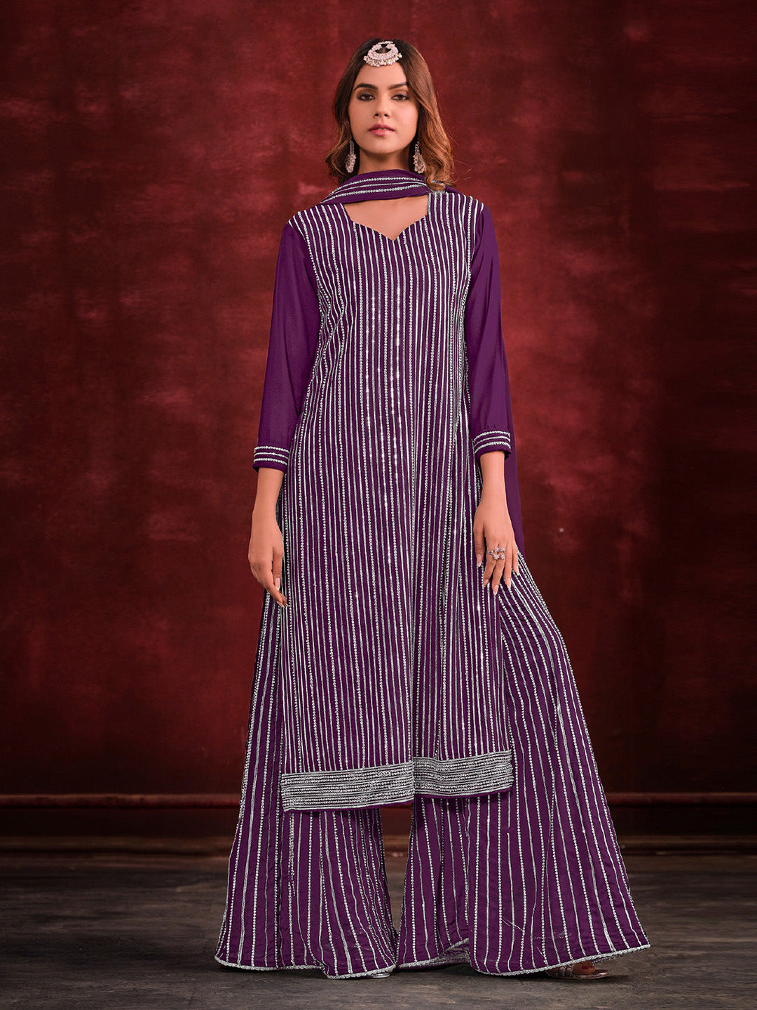 Embroidered Zarkan Georgette Kurta With Sharara And Dupatta