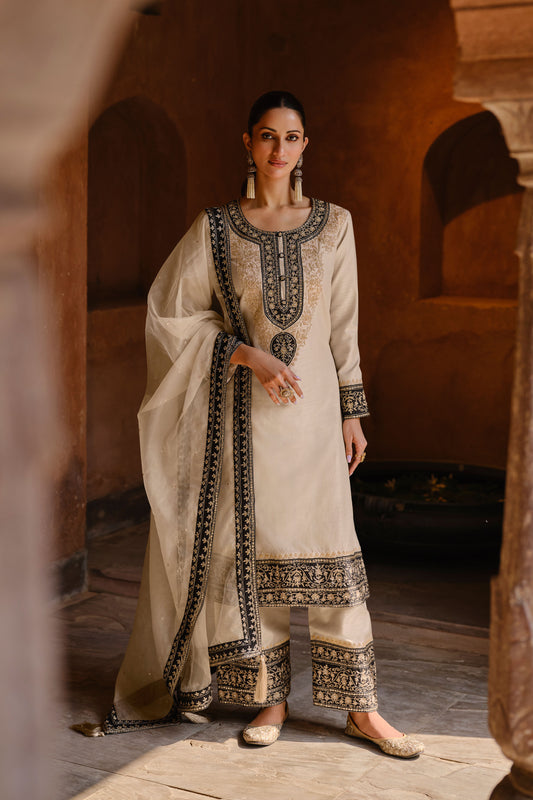 Resham & Zari Work Long Sleeves Round Neck Art Silk Plazzo And Kurta