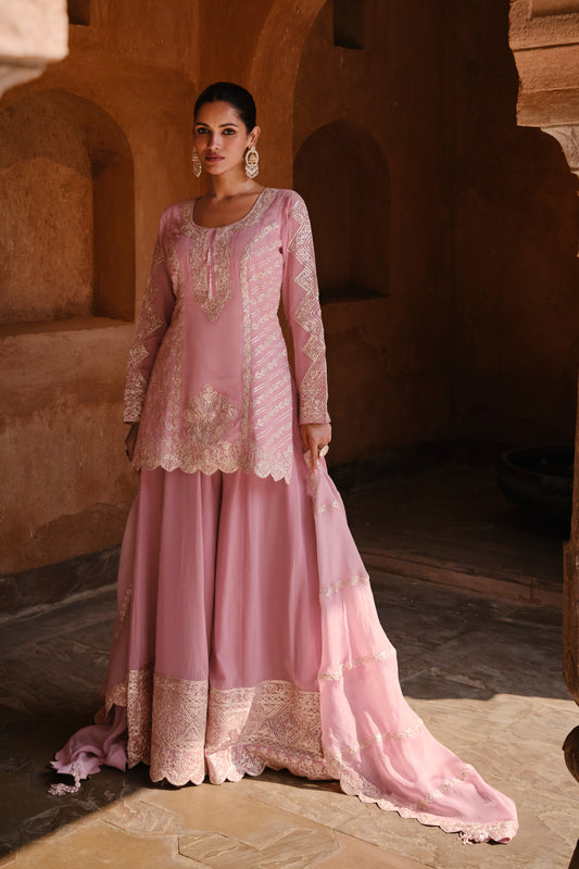 Resham Sequins Work Neck Georgette Plazzo And Kurta