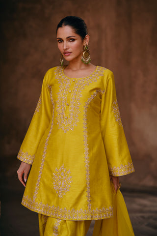 Resham Sequin Work Chinnon Kurti With Dhoti & Dupatta