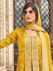 Embroidered Art Silk Kurta With Palazzo And Dupatta