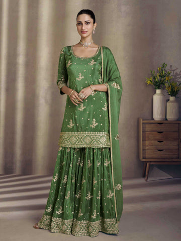 Resham Sequin Embroidery Chinnon Kurta With Garara & Dupatta