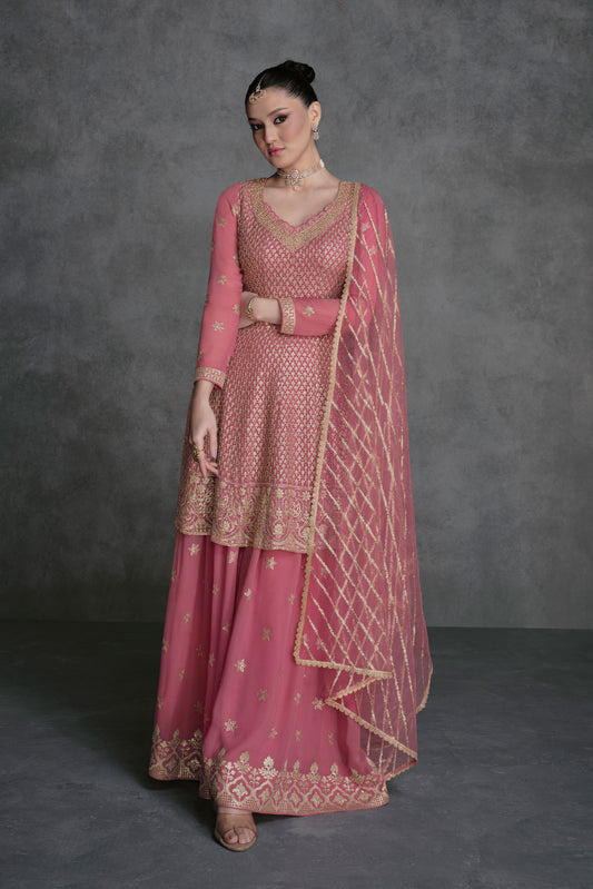 Resham Sequins Work Neck Georgette Plazzo And Kurta