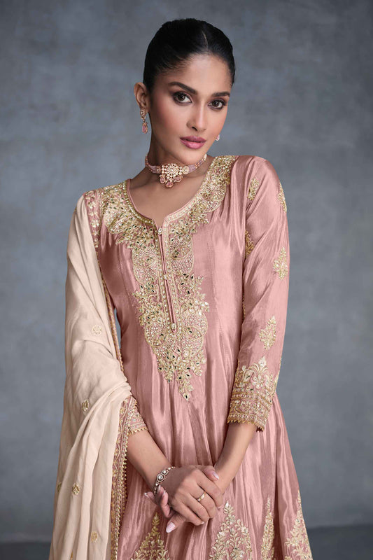 Resham Zari Sequins Work V Neck Plazzo Organza And Kurta