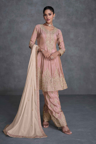 Resham Zari Sequins Work V Neck Plazzo Organza And Kurta