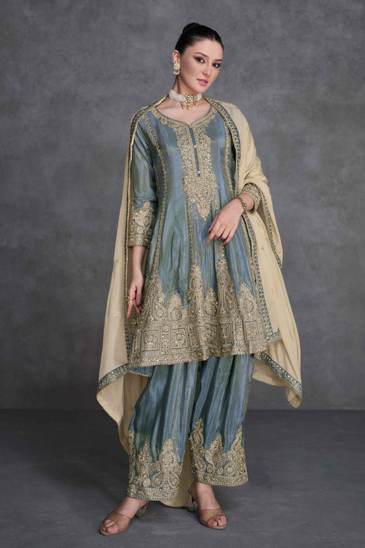 Resham Zari Sequins Work Organza Chinnon Kurta And Kurta