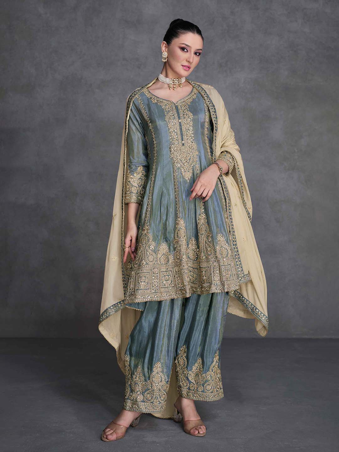 Resham Zari Sequins Work Organza Chinnon Kurta And Kurta