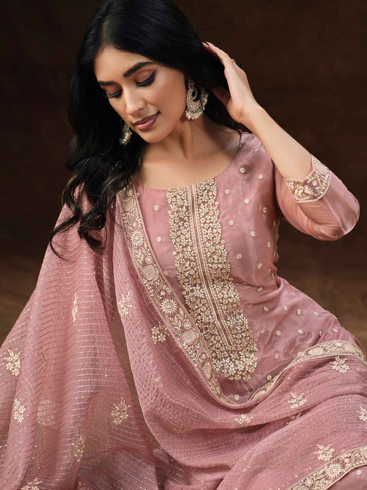 Resham Zari Work Organza Semi Stitched Suit