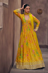 Printed Embroided Georgette Long Sleeve V Neck Gown Net Dupatta