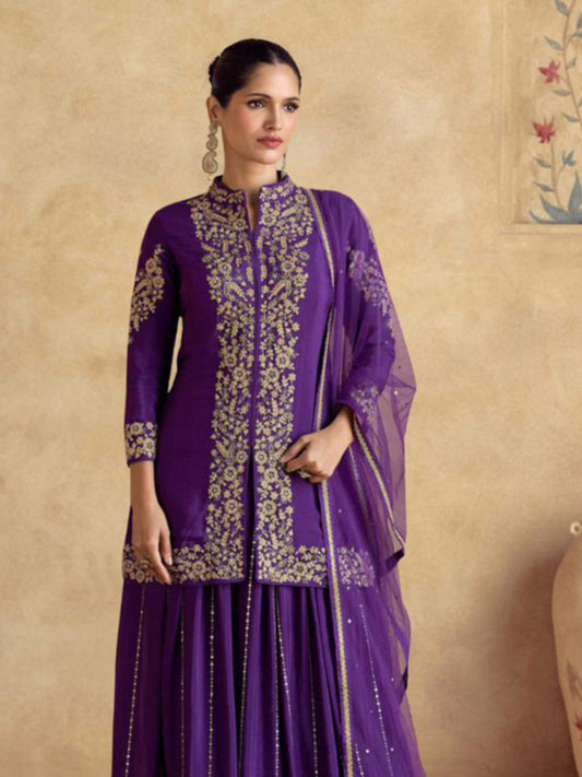 Embroidery Chinnon Kurta With Palazzo And Dupatta